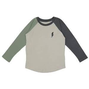 NEW TINY WHALES boy's bolt long sleeve raglan tee in vintage black natural pine